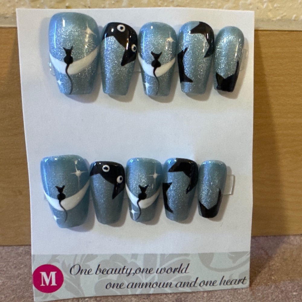 Blue Glitter Press On Nails Black Cat Moon Celestial Coffin Fake Nails Set